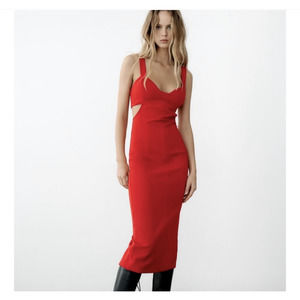 NWT ZARA midi strappy cut out dress, red, size small